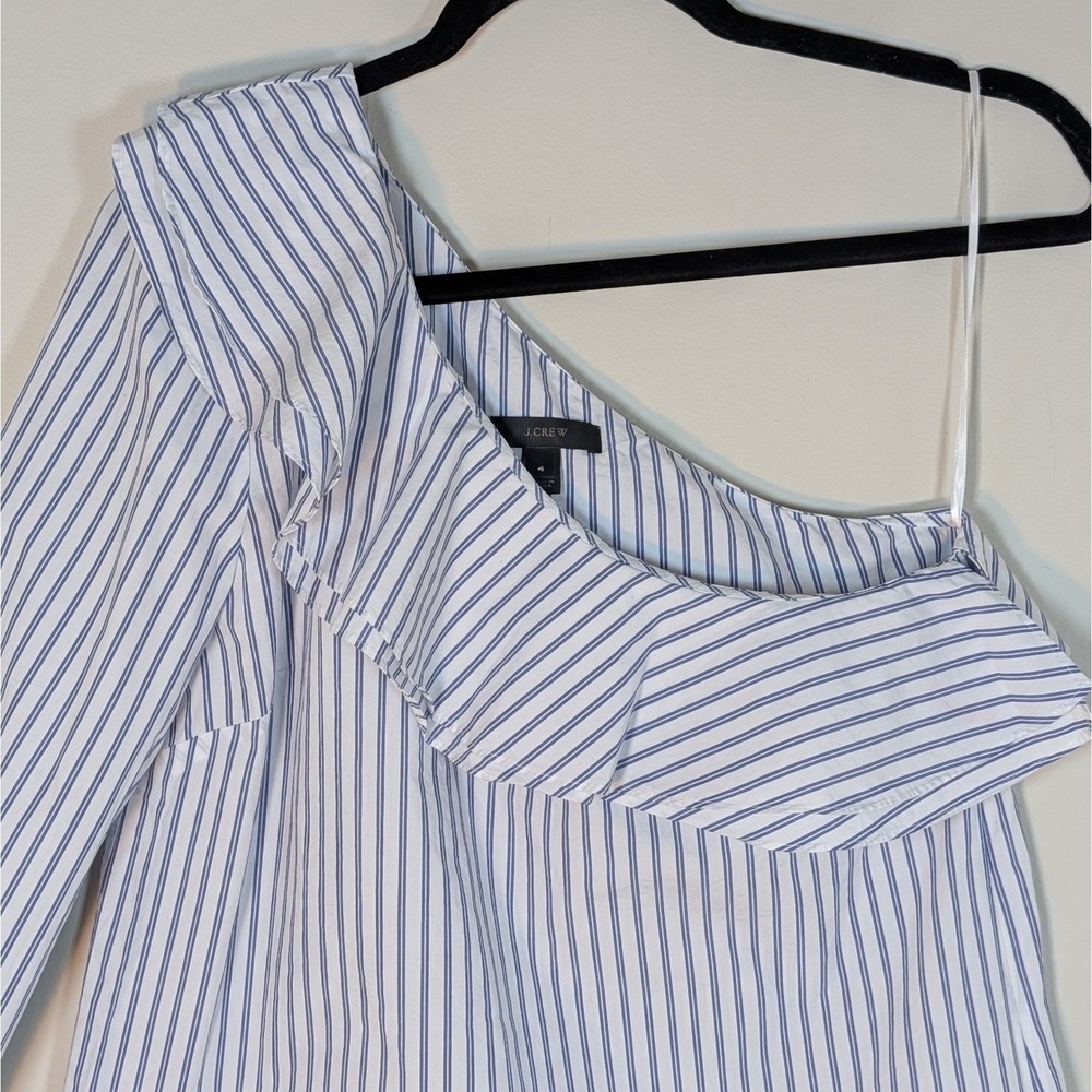 J.Crew One-Shoulder Ruffle Stripe Cotton Blouse Blue White Size 4 Long Sleeve